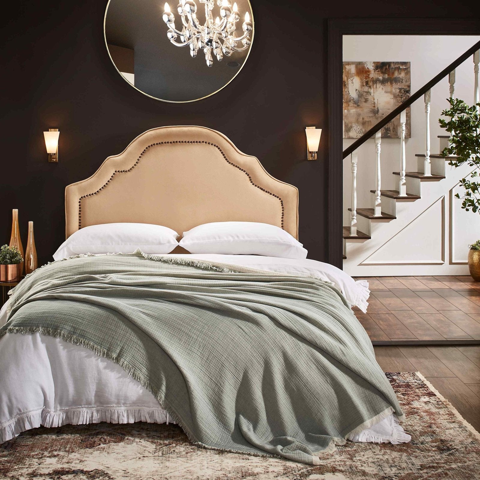 BT-109-11096_4|Chic sage green crinkled blanket with frayed edges casually draped over a bed, perfect for a cozy bedroom feel.