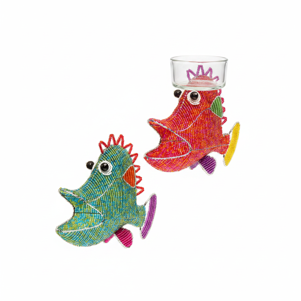 Funky Fish beaded candle holders set of 2 on white background