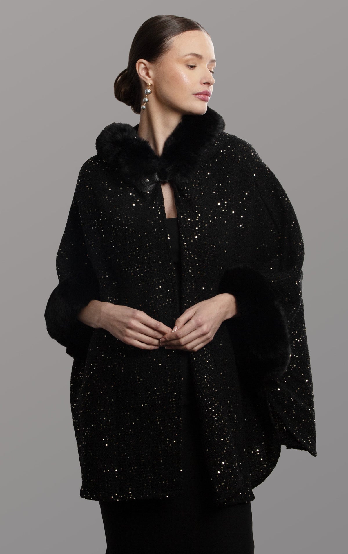 Sequin Kimono Faux Fur Hood - Black