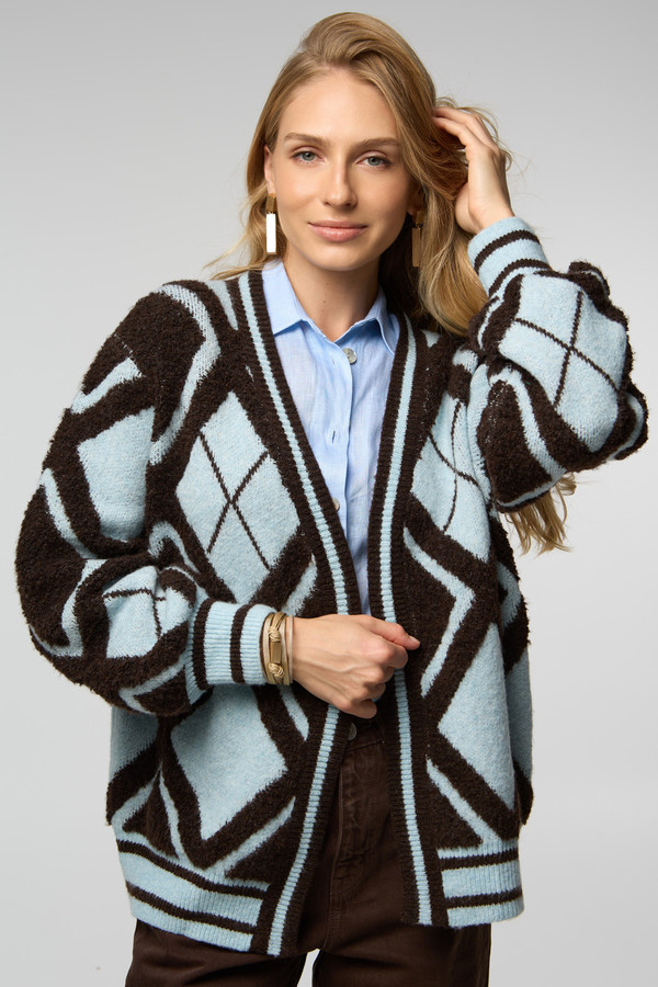 Open Argyle Knit Cardigan - Brown Multi