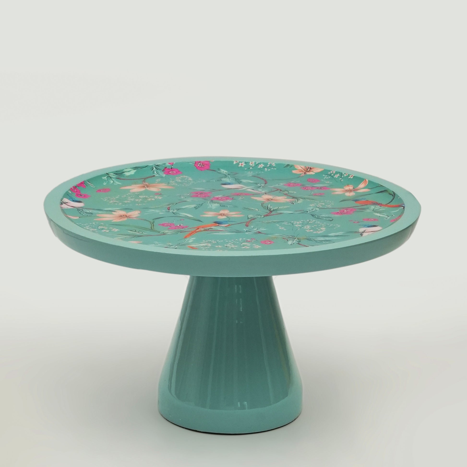  Aqua Flora pedestal cake stand with a glossy floral enamel top and handcrafted mango wood base.