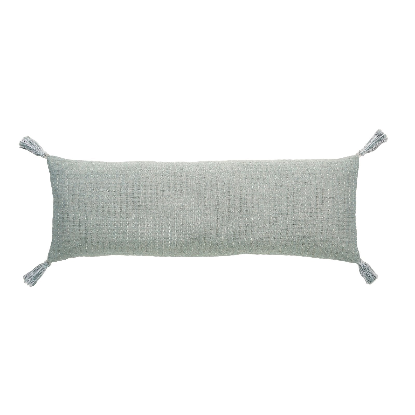 TP-106-1440_1|Stylish light blue textured lumbar pillow with delicate tassels, perfect for adding a touch of color and comfort to any bed.