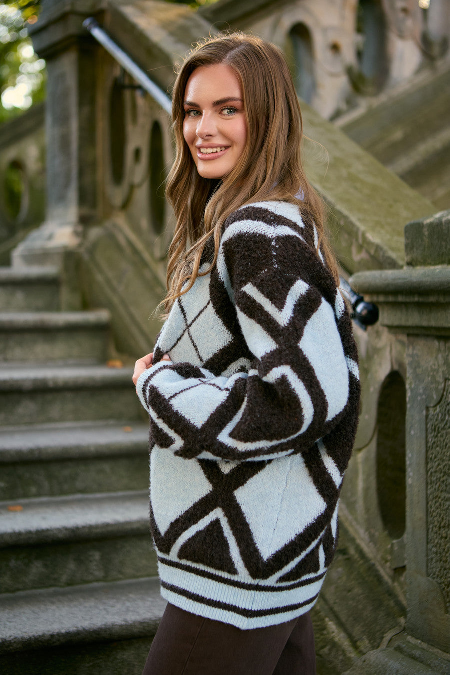 Open Argyle Knit Cardigan - Brown Multi