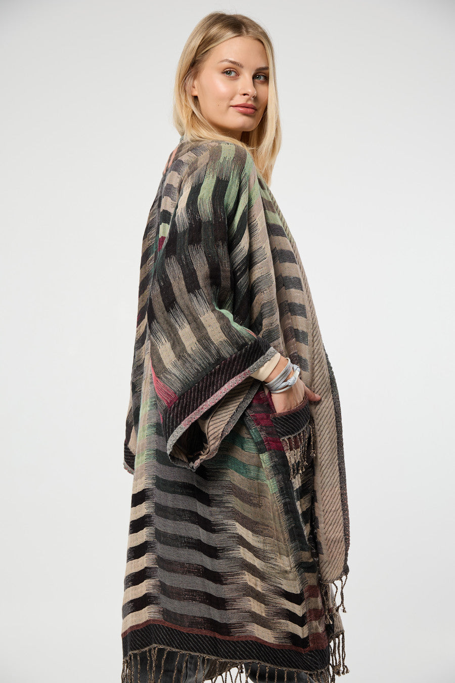 Cotton Retro Striped Fringe Long Jacket - Gray