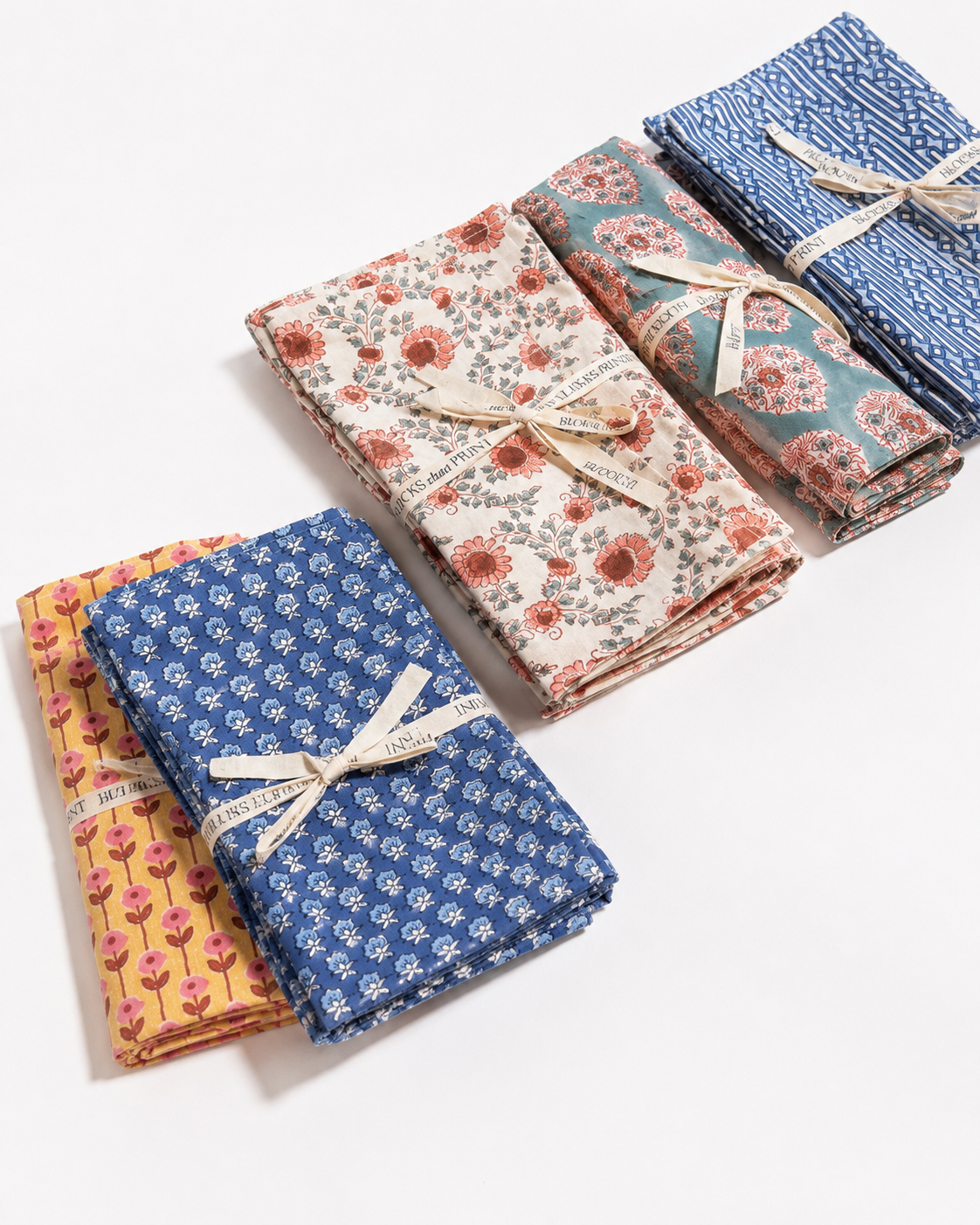 Parijat Blue Floral Large Buti Block Print Napkins(Set of 4)