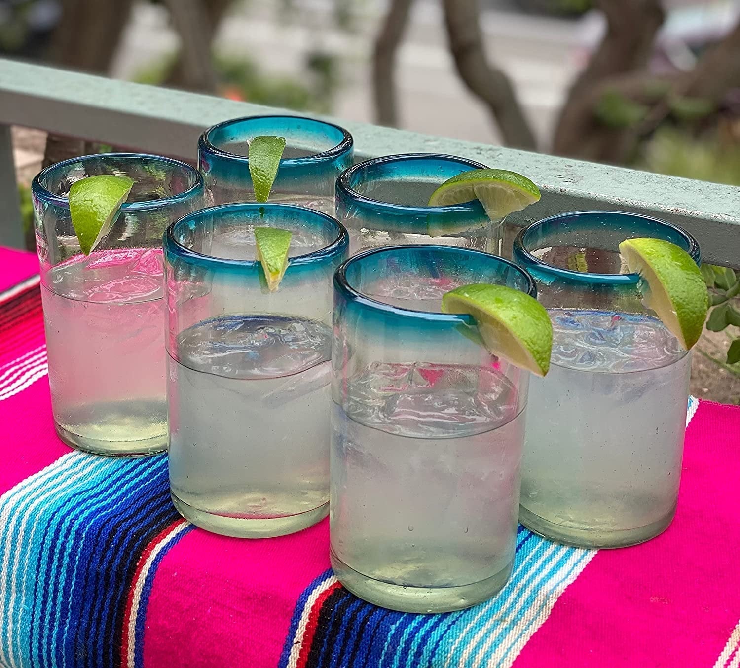 Hand Blown Mexican Drinking Glasses – Set of 6 Glasses with Aqua Rims (14 oz each) - Dos Sueños
