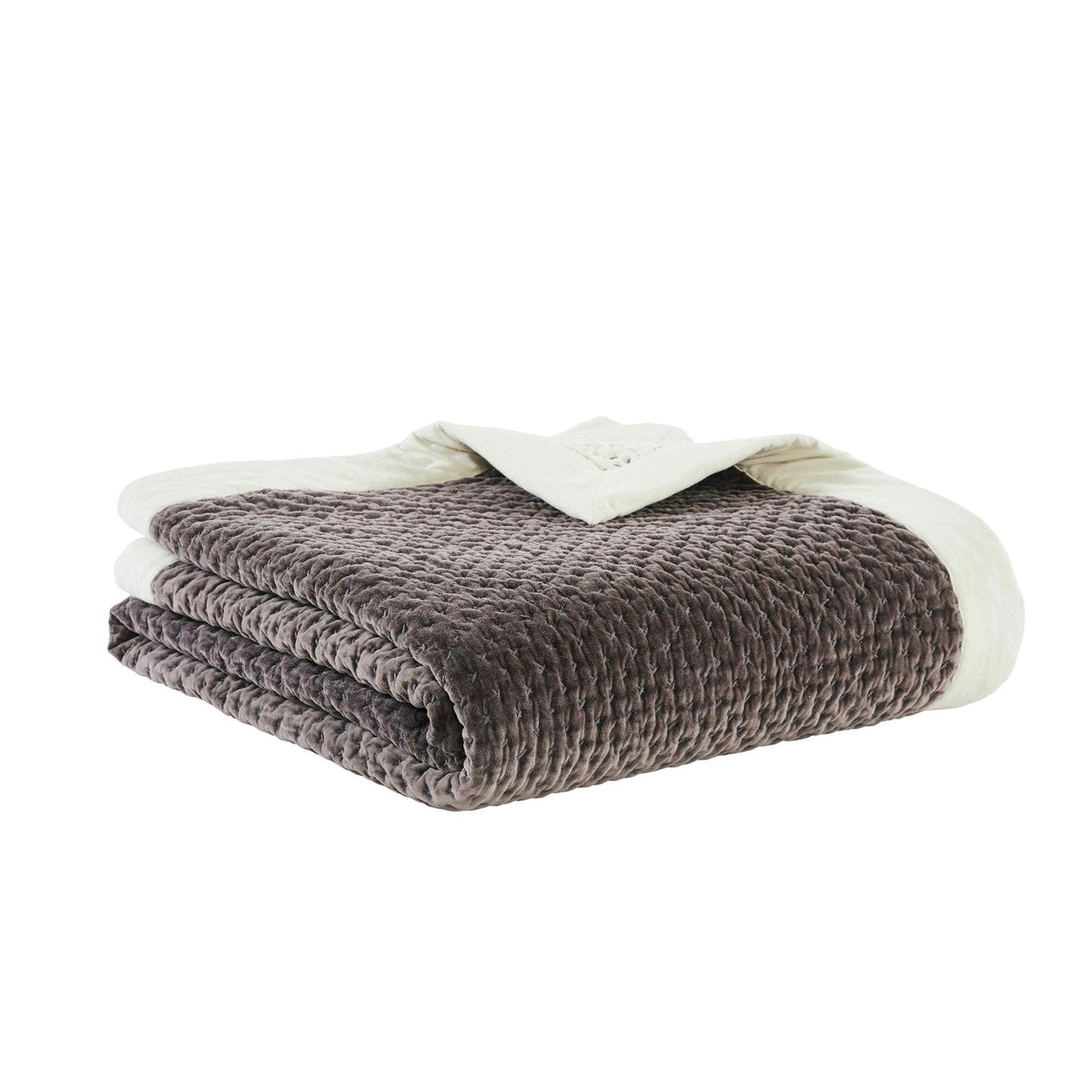 QT-329-11096_2|Neatly folded luxurious dark brown velvet quilt showcasing its rich textured pattern and subtle beige border detailing.