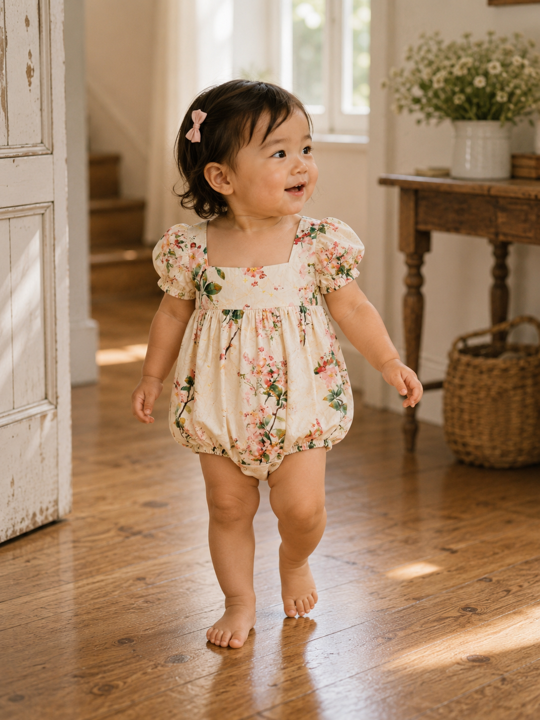 A toddler girl walking barefoot on a wooden floor in a bright room, wearing a cream puff-sleeve romper with a pink and green floral print and a small pink hair bow.