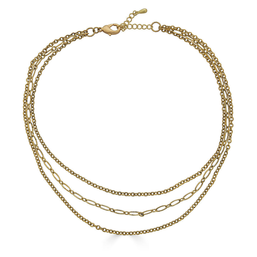 Gold three-strand necklace featuring delicate mixed chain styles and adjustable clasp