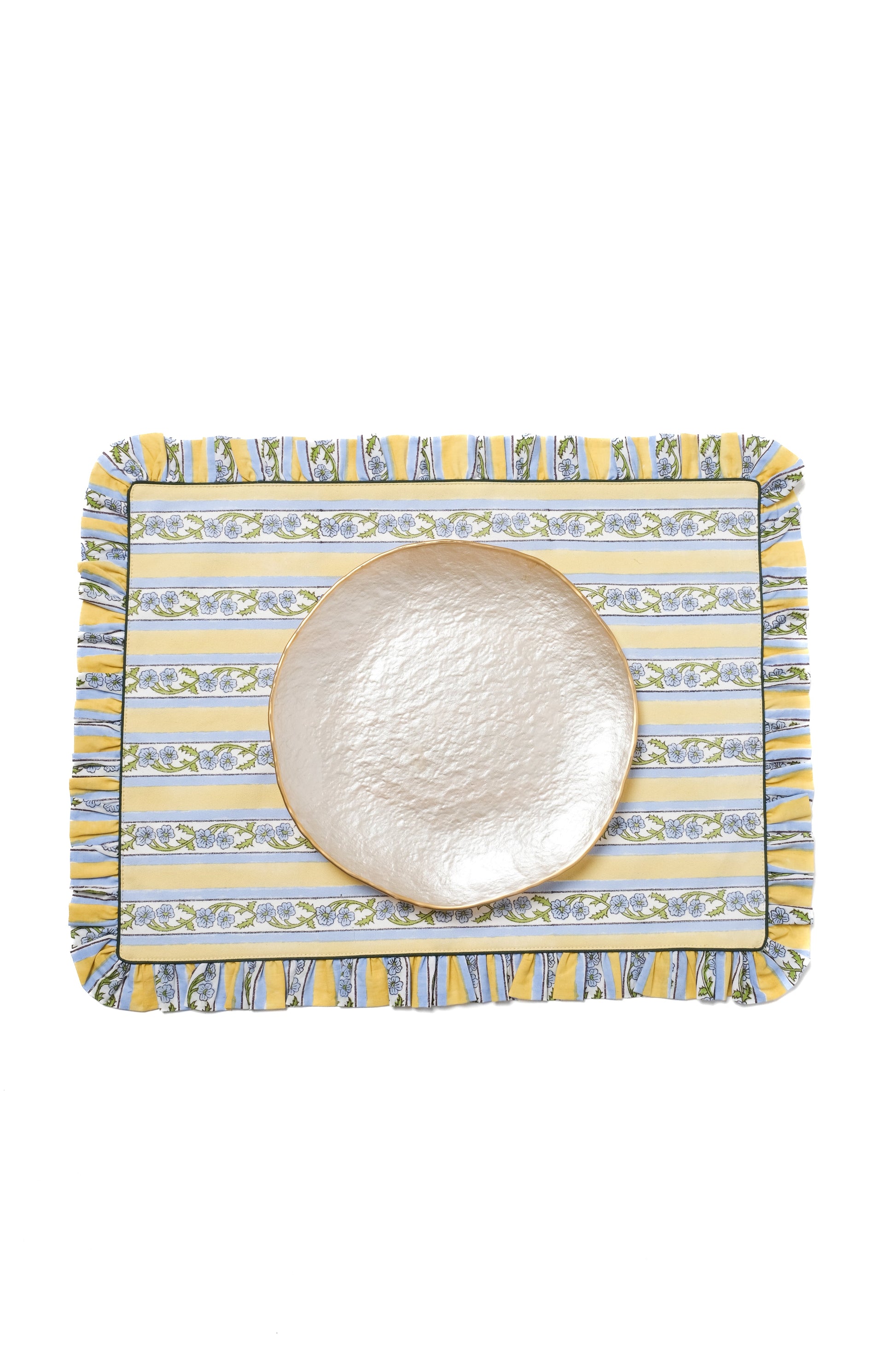Inner Child Provence blockprint butter yellow placemat with ruffled edges