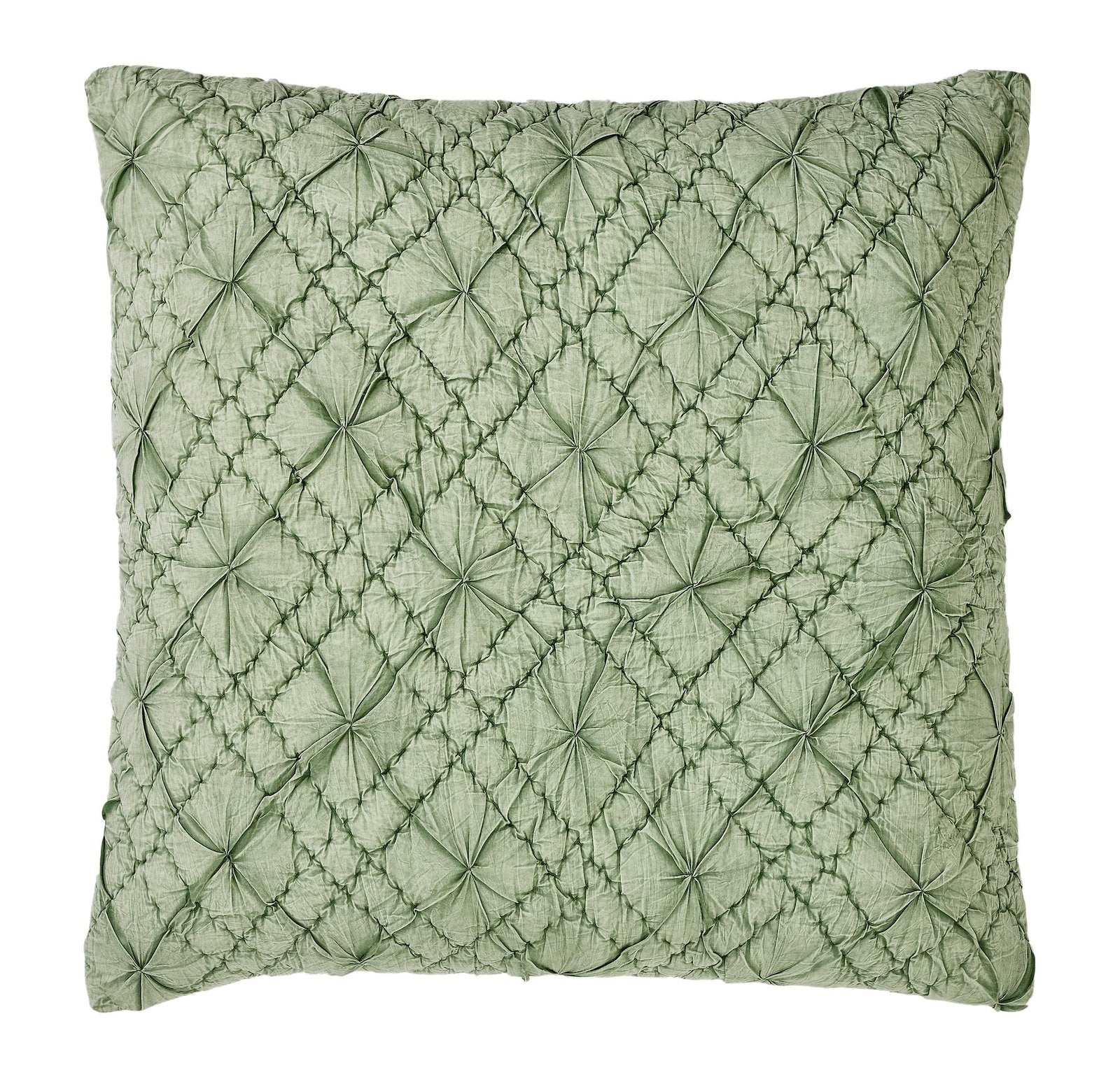 ES-366-2626_1|Fresh light green square quilted cushion, featuring a charming ruched diamond pattern with central rosettes for inviting decor.