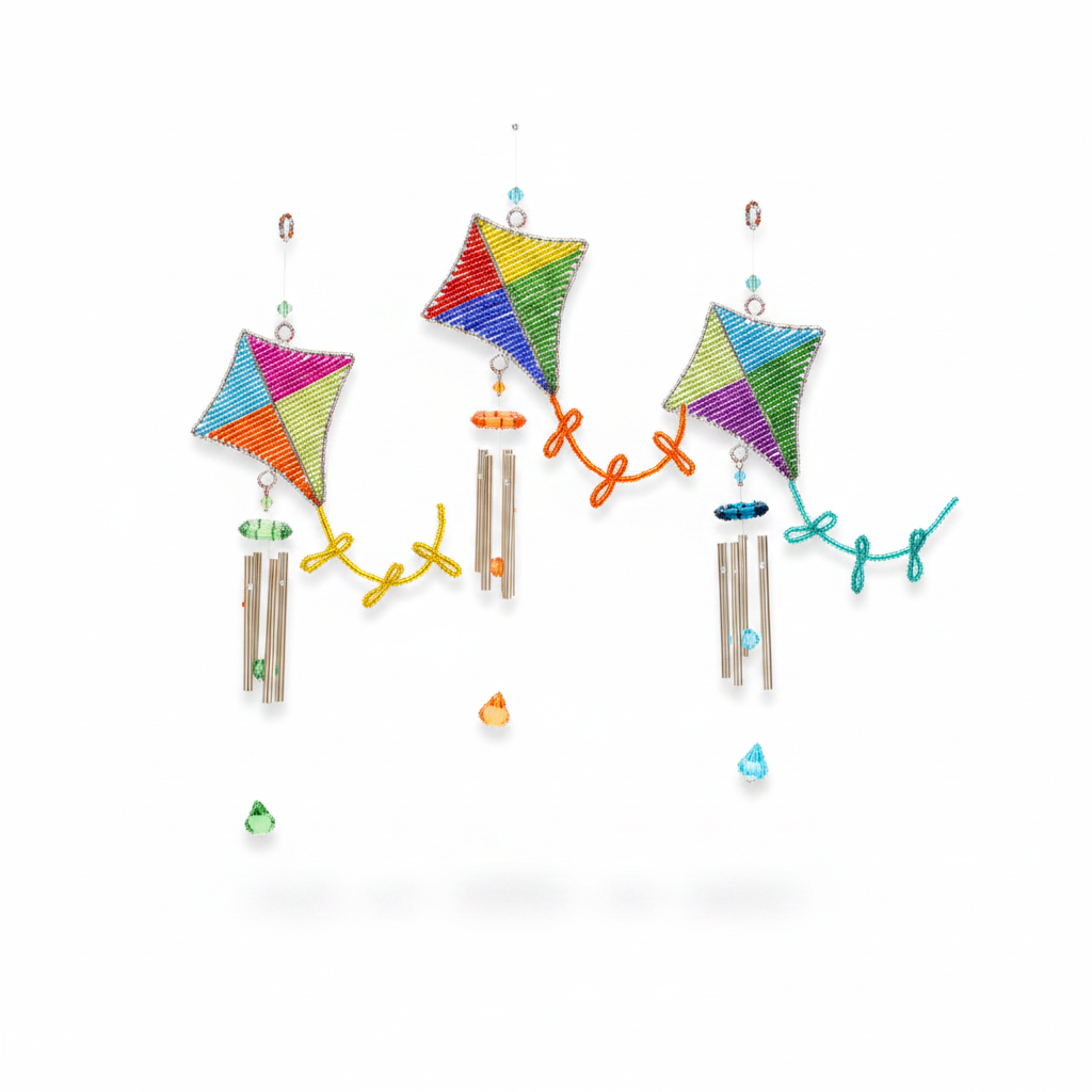 Kite Wind Chime Set of 3 - white background hero shot showing colorful handcrafted beaded kite wind chimes