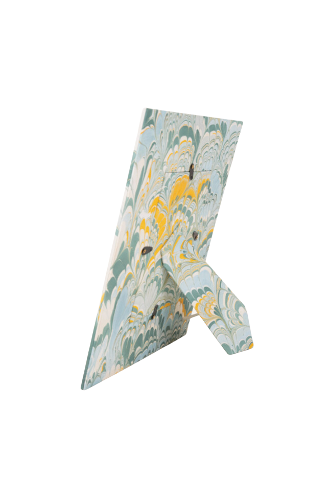 Back view of hand-marbled blue/yellow large wall picture frame with easel stand,