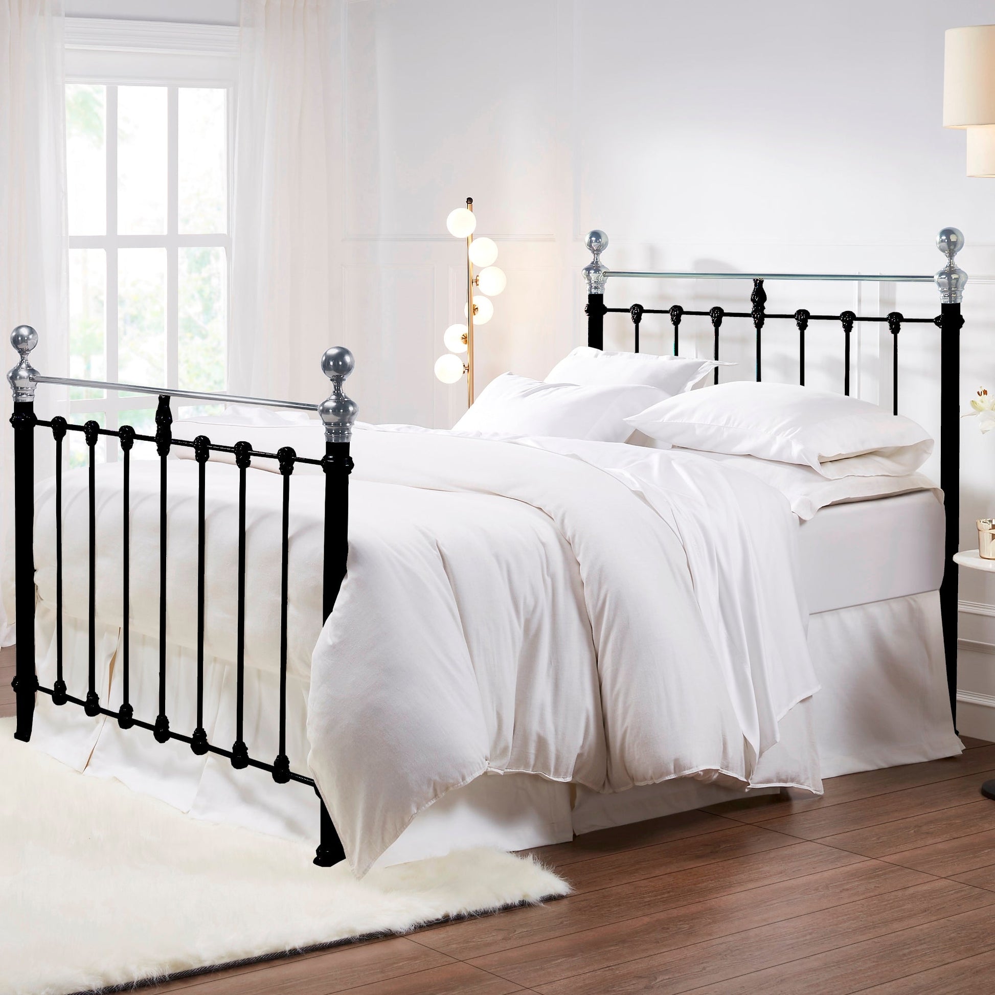 MB-211-X_1|Elegant black metal bed frame with ornate chrome finials, offering a classic and durable foundation for any stylish bedroom.