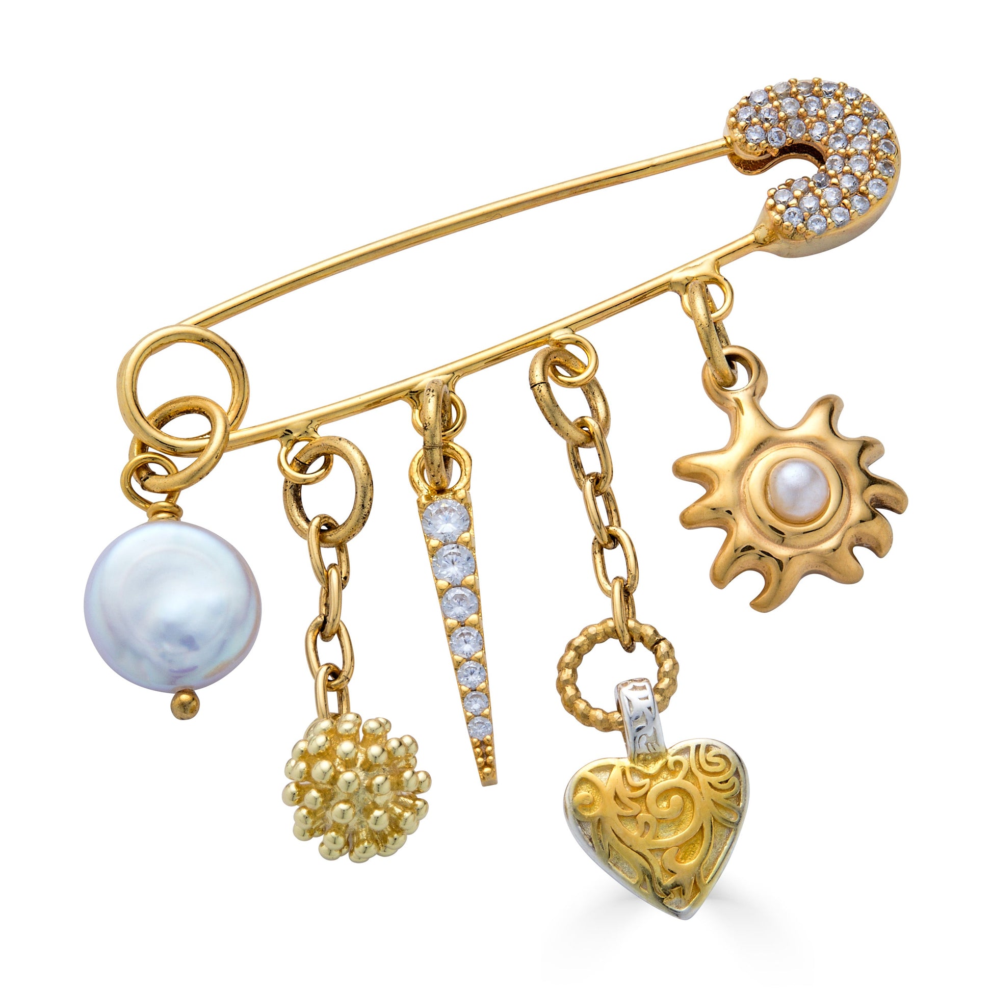 Gold celestial brooch pin with dangling pearl, crystal pavé charm, heart pendant, textured orb, and sunburst charm.