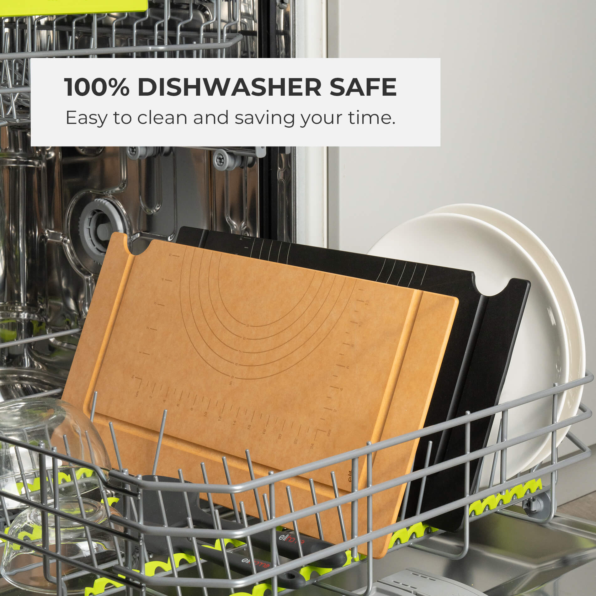Elihome wood fiber cutting boards placed inside a dishwasher rack, demonstrating they are 100% dishwasher safe. Text reads: "Easy to clean and saving your time.