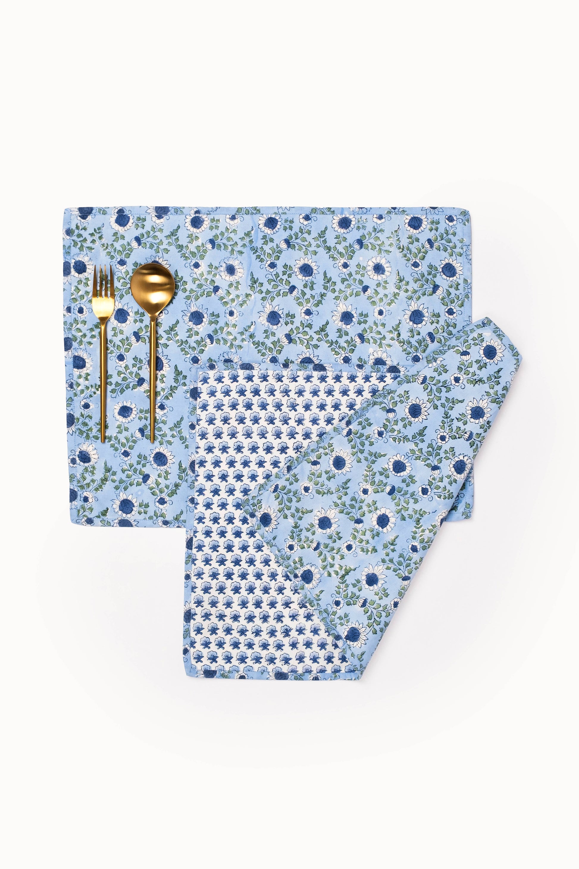 Parijat Ocean Blue Reversible Blockprint Placemats-Set of 2