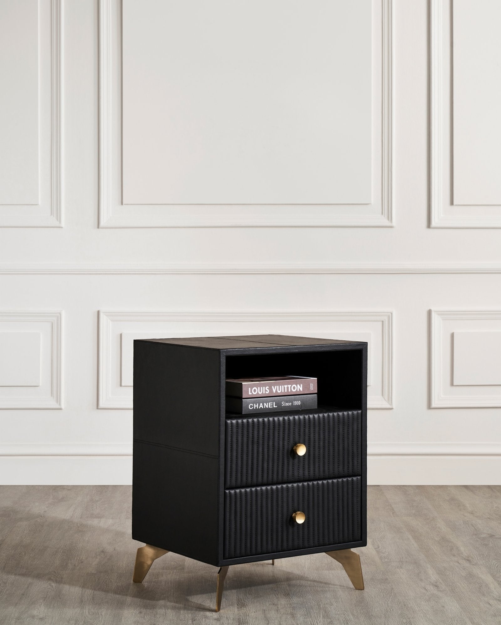 FN-5202-201828_4|Modern black genuine leather nightstand with fluted drawers and gold hardware, an elegant and functional piece of furniture.