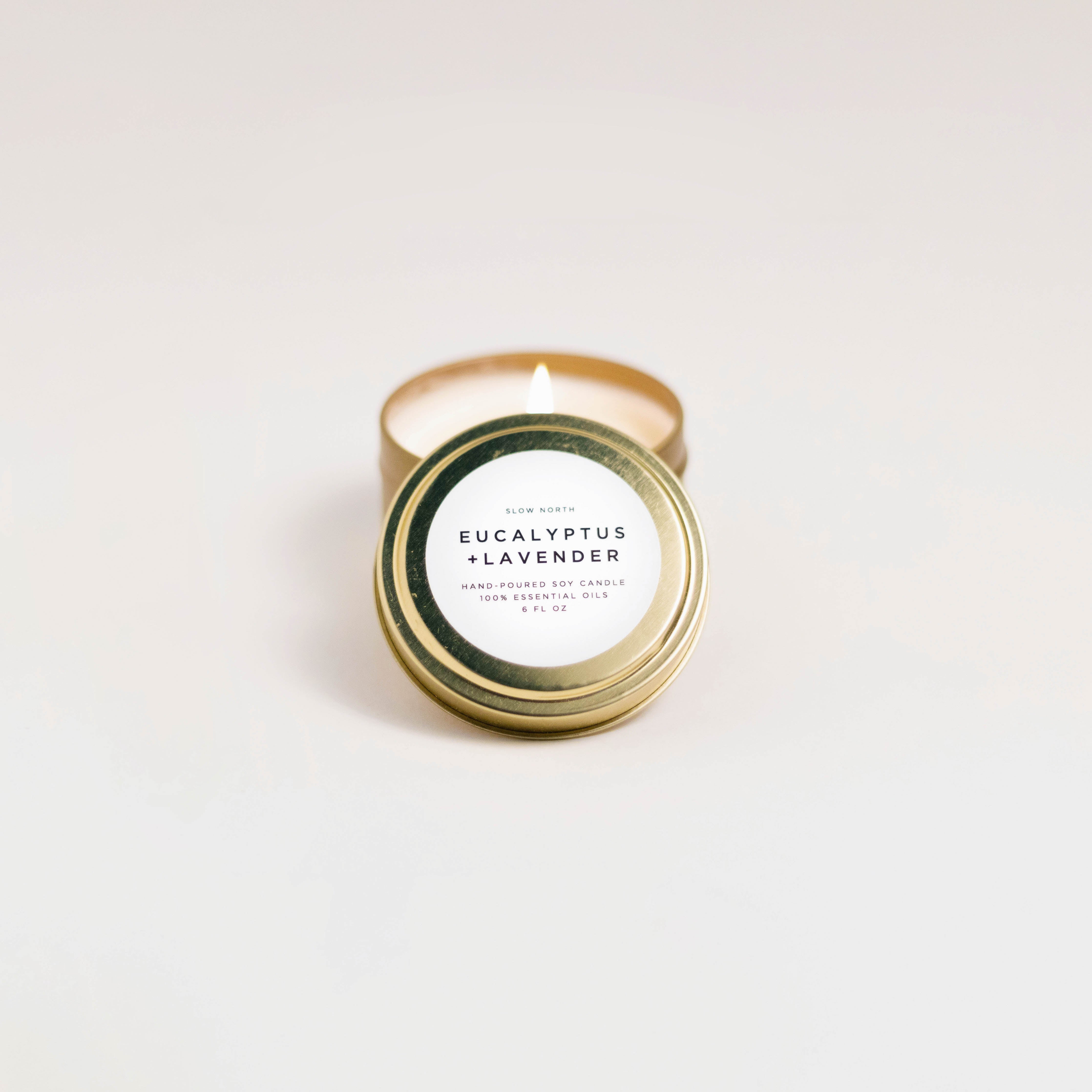 Eucalyptus + Lavender soy wax candle in 6 ounce gold travel tin by Slow North