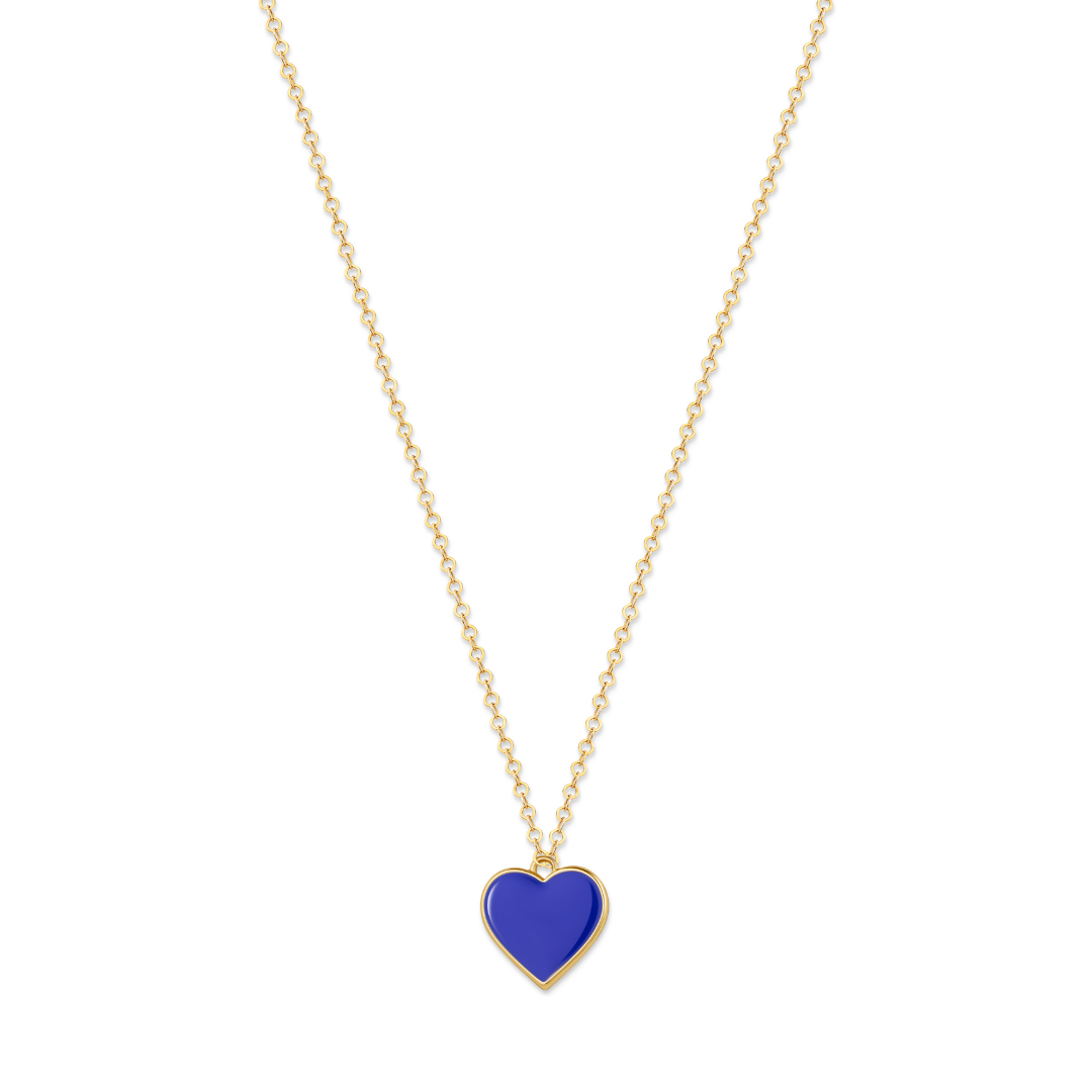 A blue enameled heart charm necklace on a gold-filled chain with a magnetic clasp.
