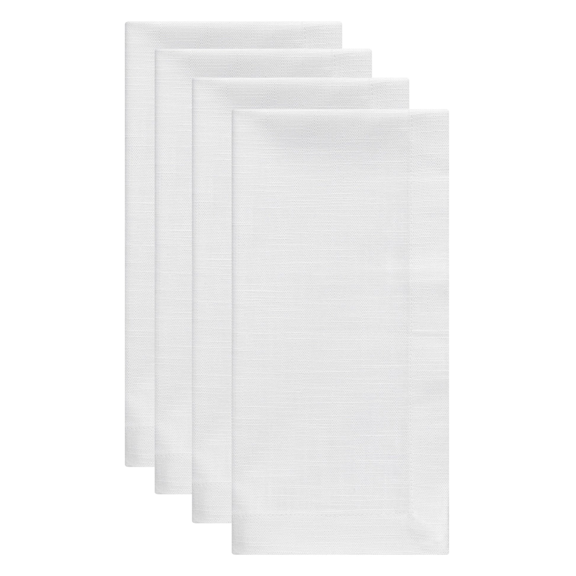 NP-4809-2020_2|Set of four crisp white linen-look fabric dinner napkins, neatly folded, ideal for elegant table settings.