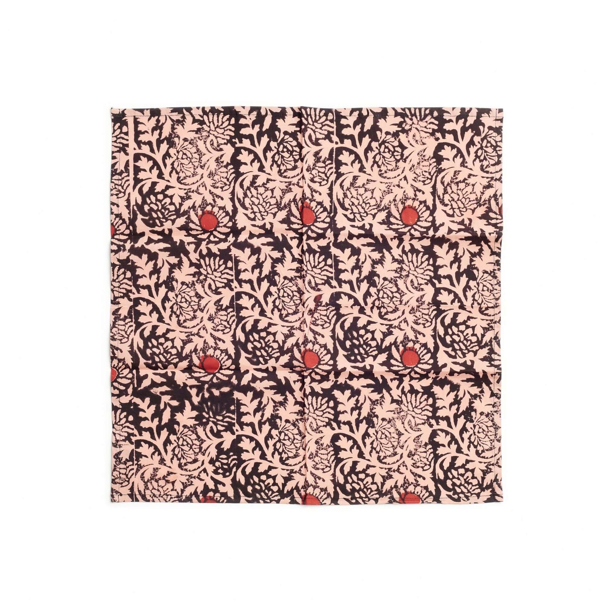 Hummus Floral Wax Block Printe Cotton Table Napkin( set of 4 ) with intricate black and red floral design