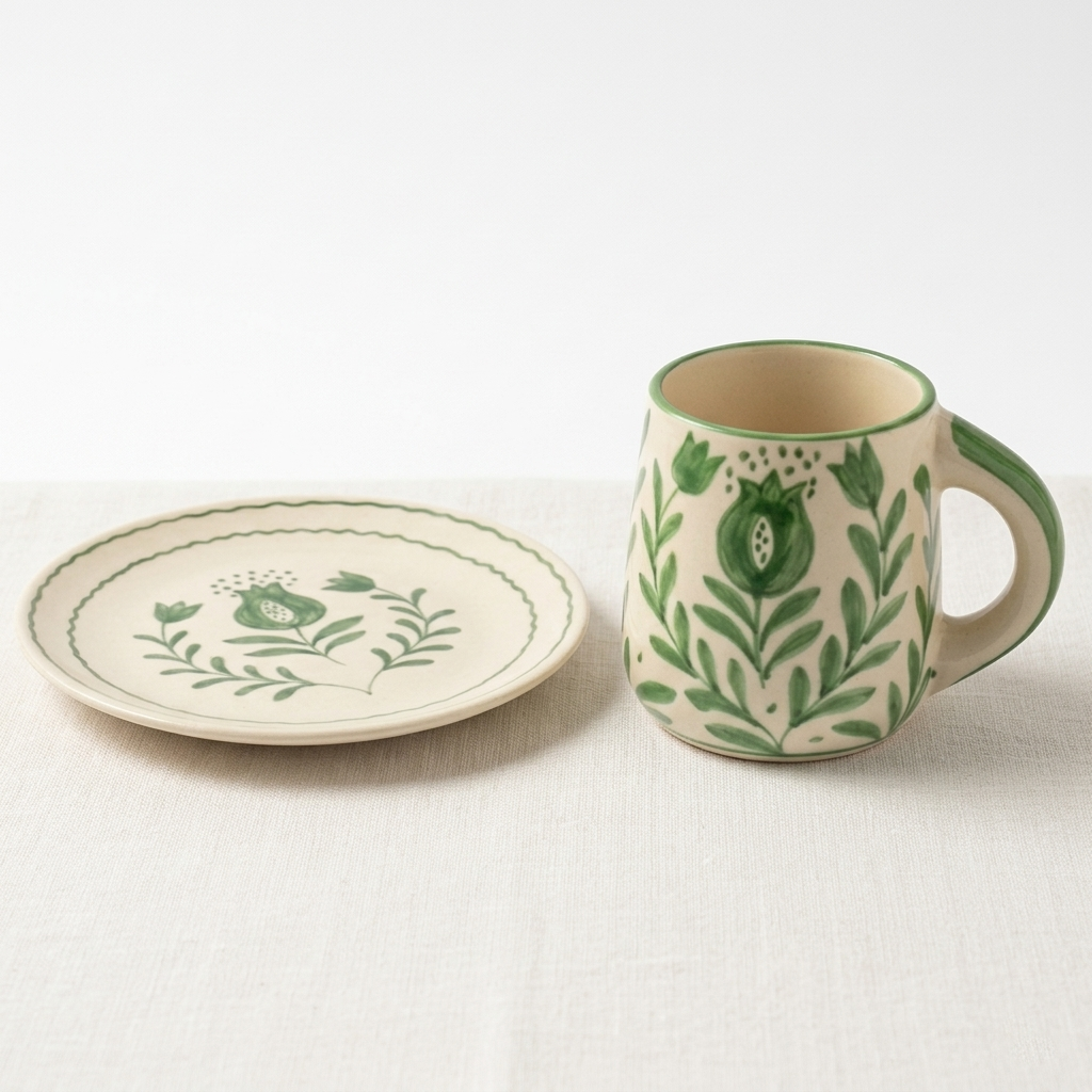 S/2 Green Anaar Ceramic Breakfast Set - Coffee Cup & Side Plate