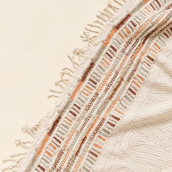 Unah Coral Fully Hand Embroidered Handwoven Organic Cotton Throw showcasing intricate embroidery and fringed edges.