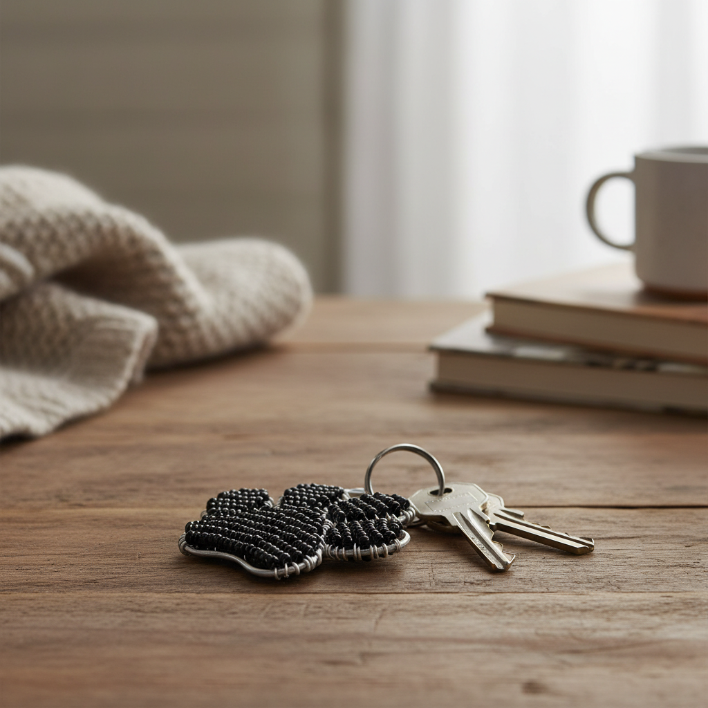 Pawprint keyring hanging from keys on a wooden table