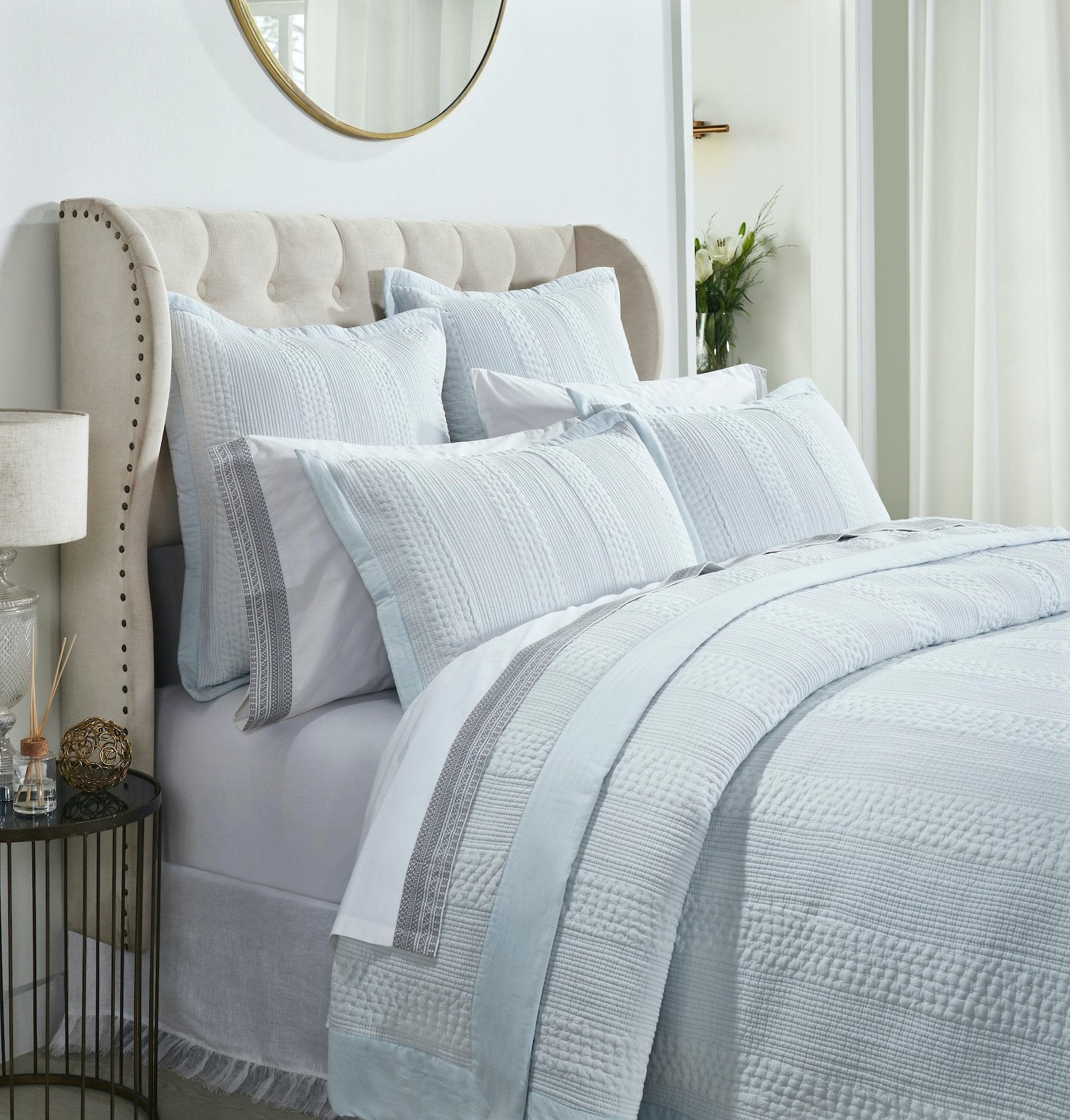 CL-257-11096_3|Detailed view of a light blue textured coverlet featuring sophisticated stripe and geometric patterns for modern homes.