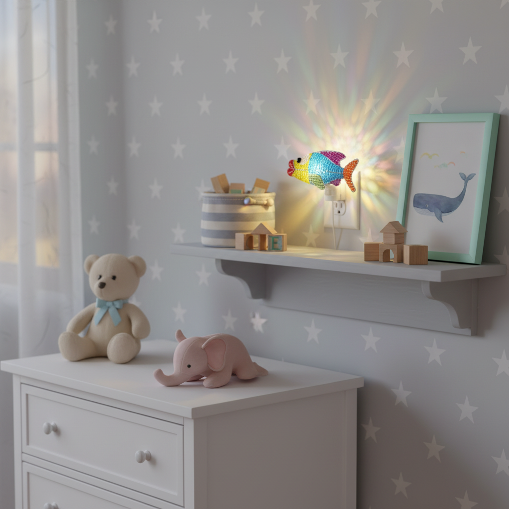 Night Light Fish Set of 2 on a shelf in a children's bedroom