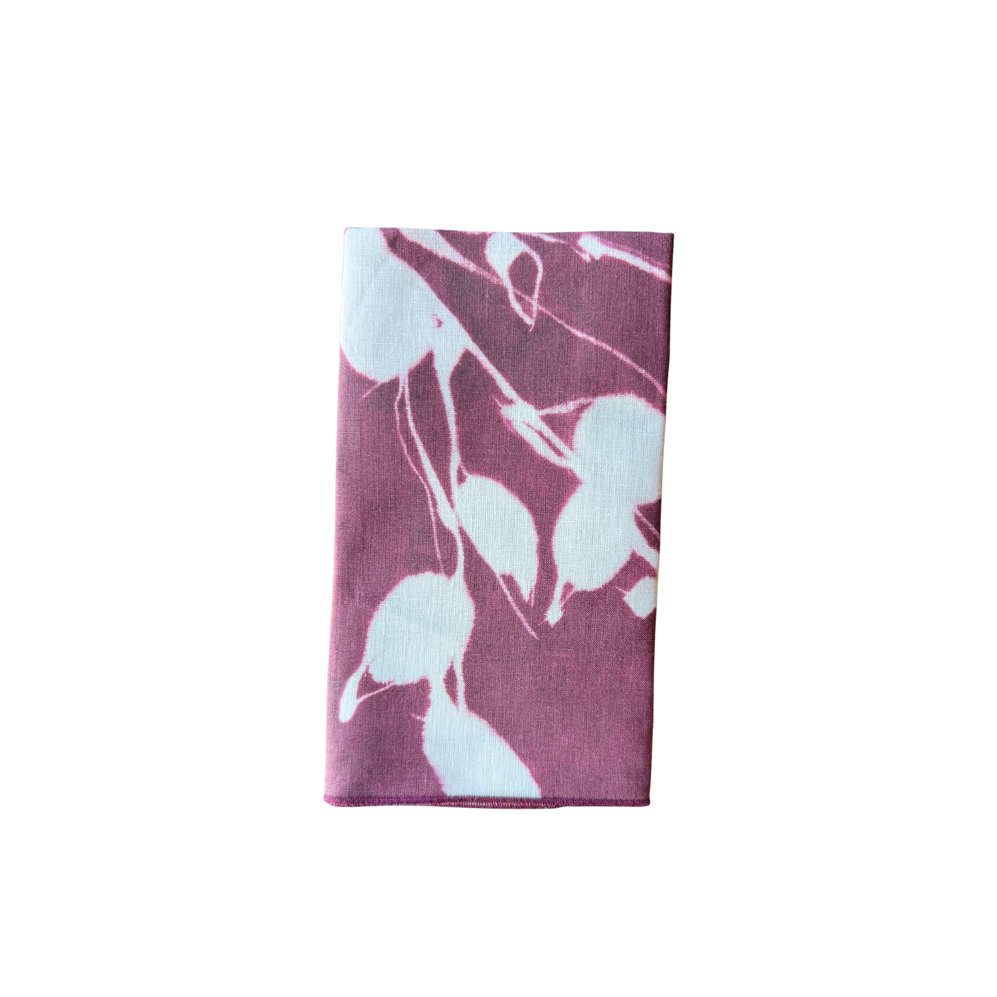Porto Print Aubergine linen dinner napkin styled on elegant place setting - Goldie Home
