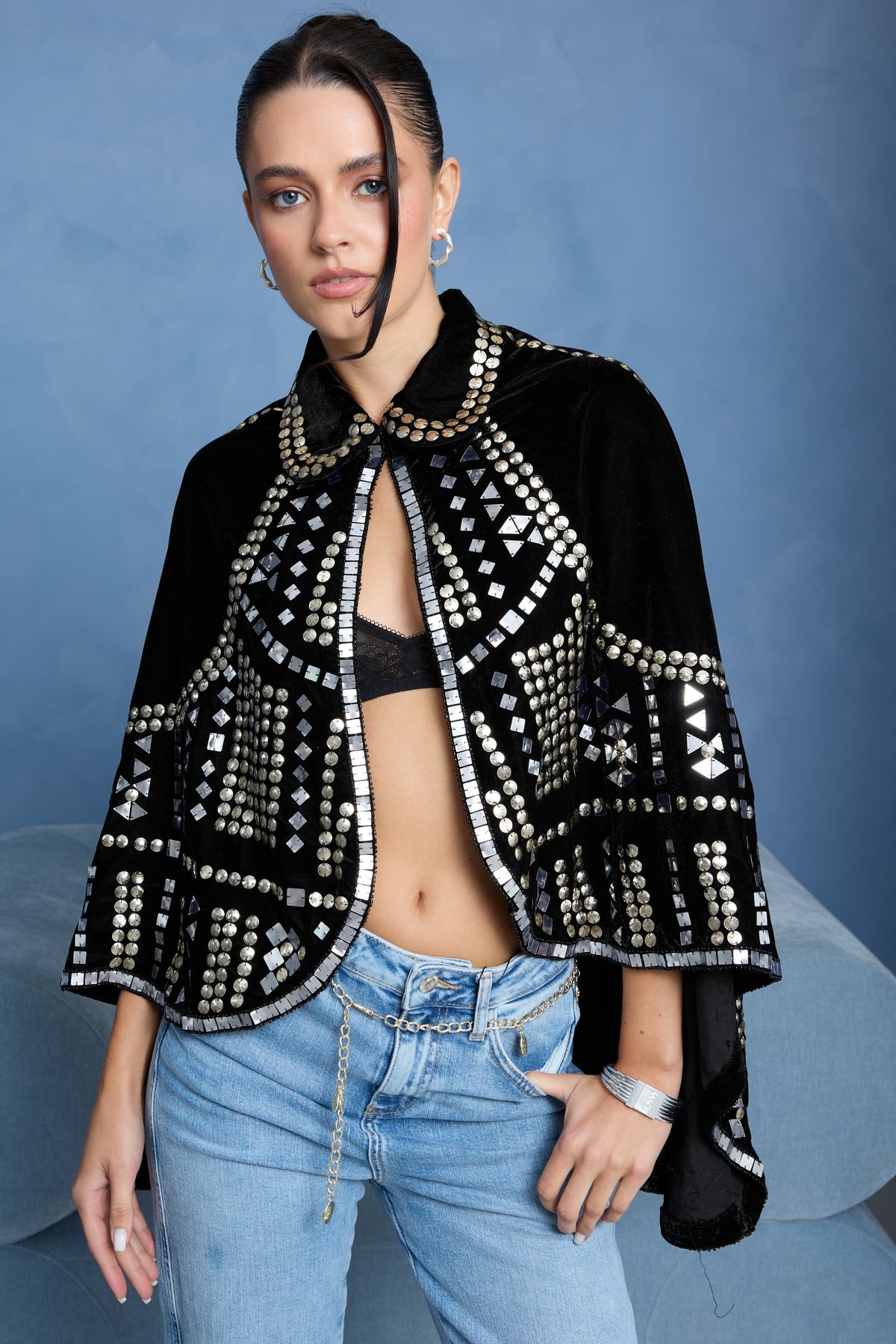 Black Velvet Embellished Capelet - Black