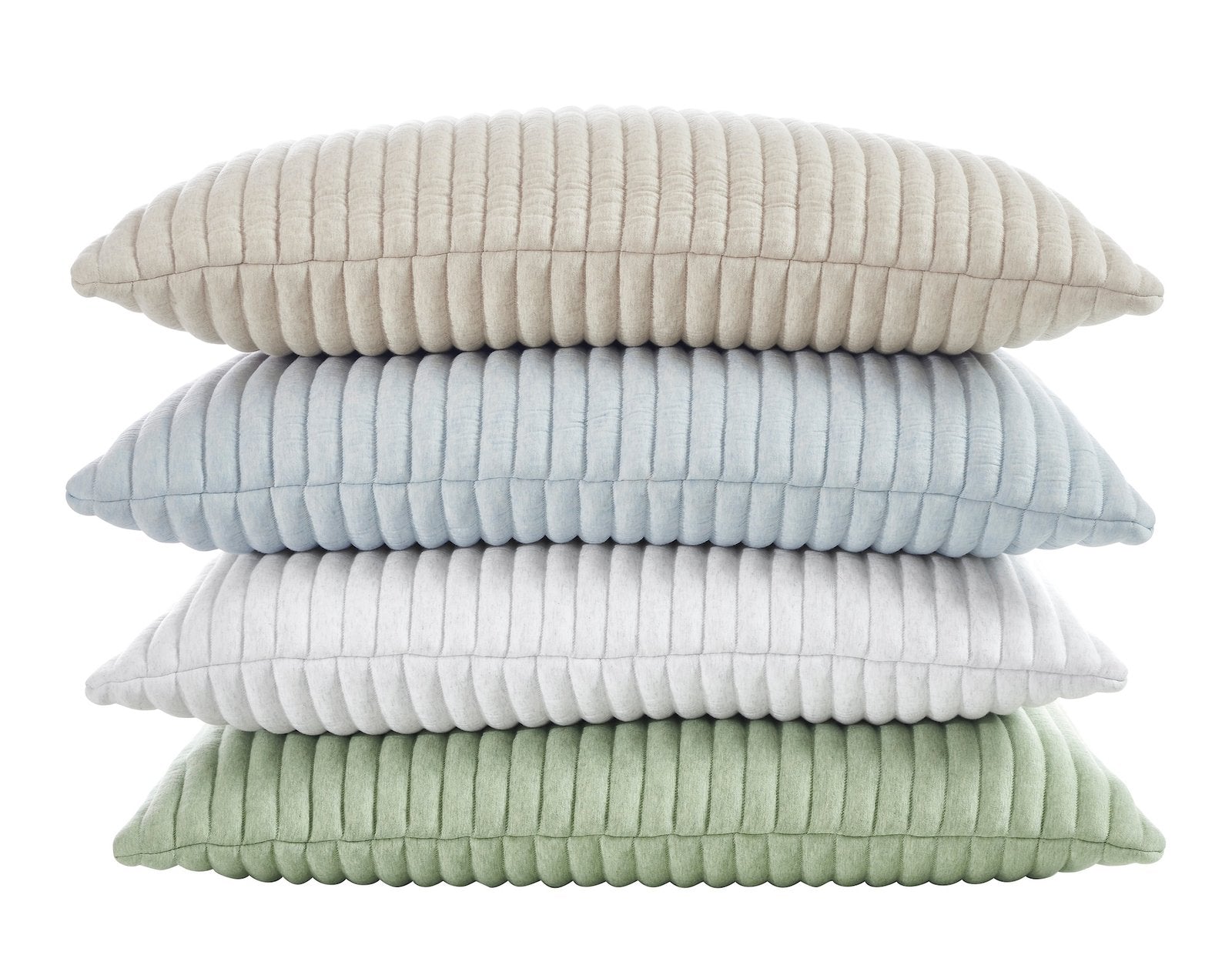 SS-367-X_2|Stack of four ribbed corduroy pillows in beige, blue, white, and green. Soft textured decorative throw pillows.