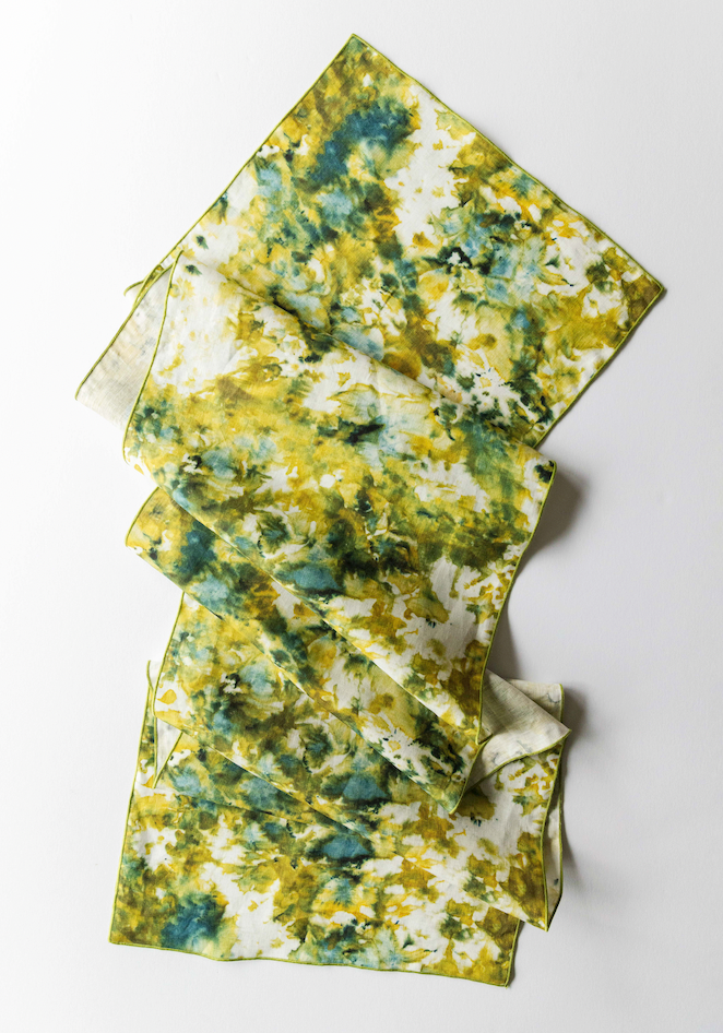 Green Marble linen table runner flat lay close up of gold trim - Goldie Home