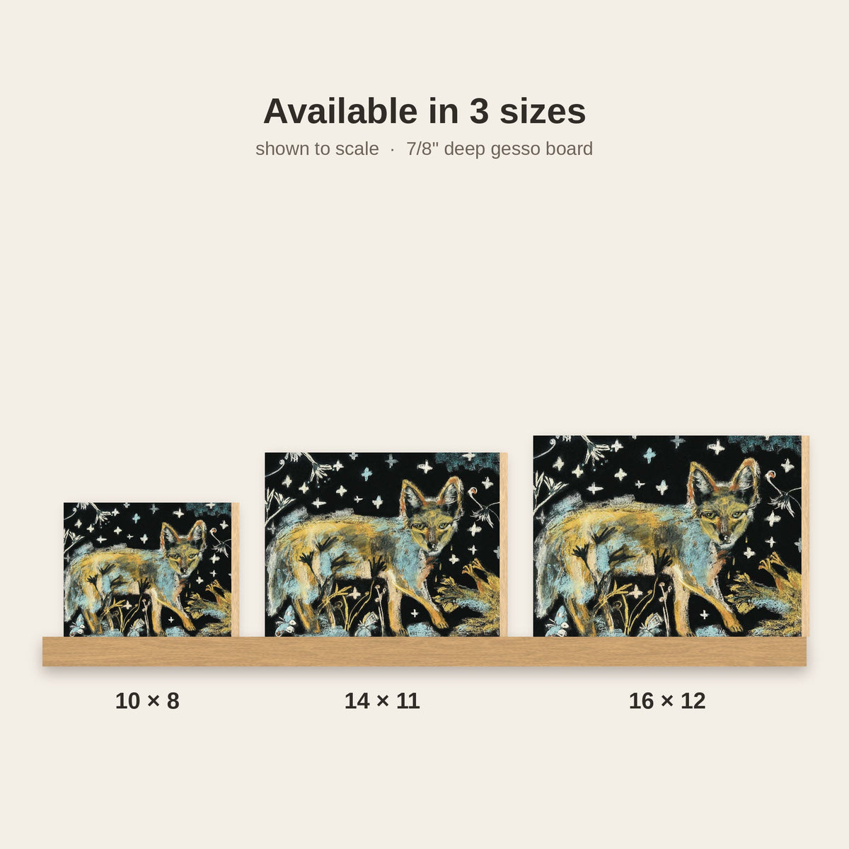Nighttime Coyote and Chicken art print shown in three sizes on a beige background