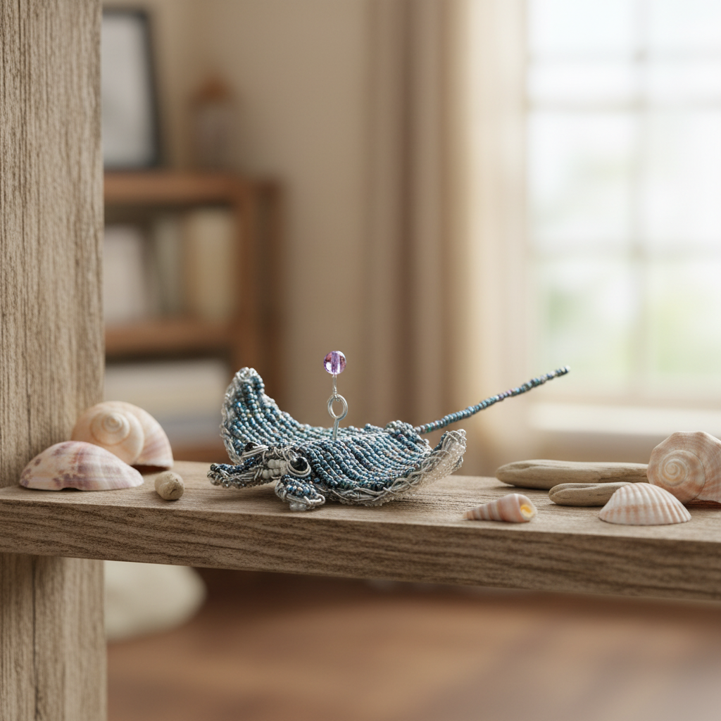 Handcrafted beaded manta ray figurine displayed on coastal wooden shelf with seashells and driftwood
