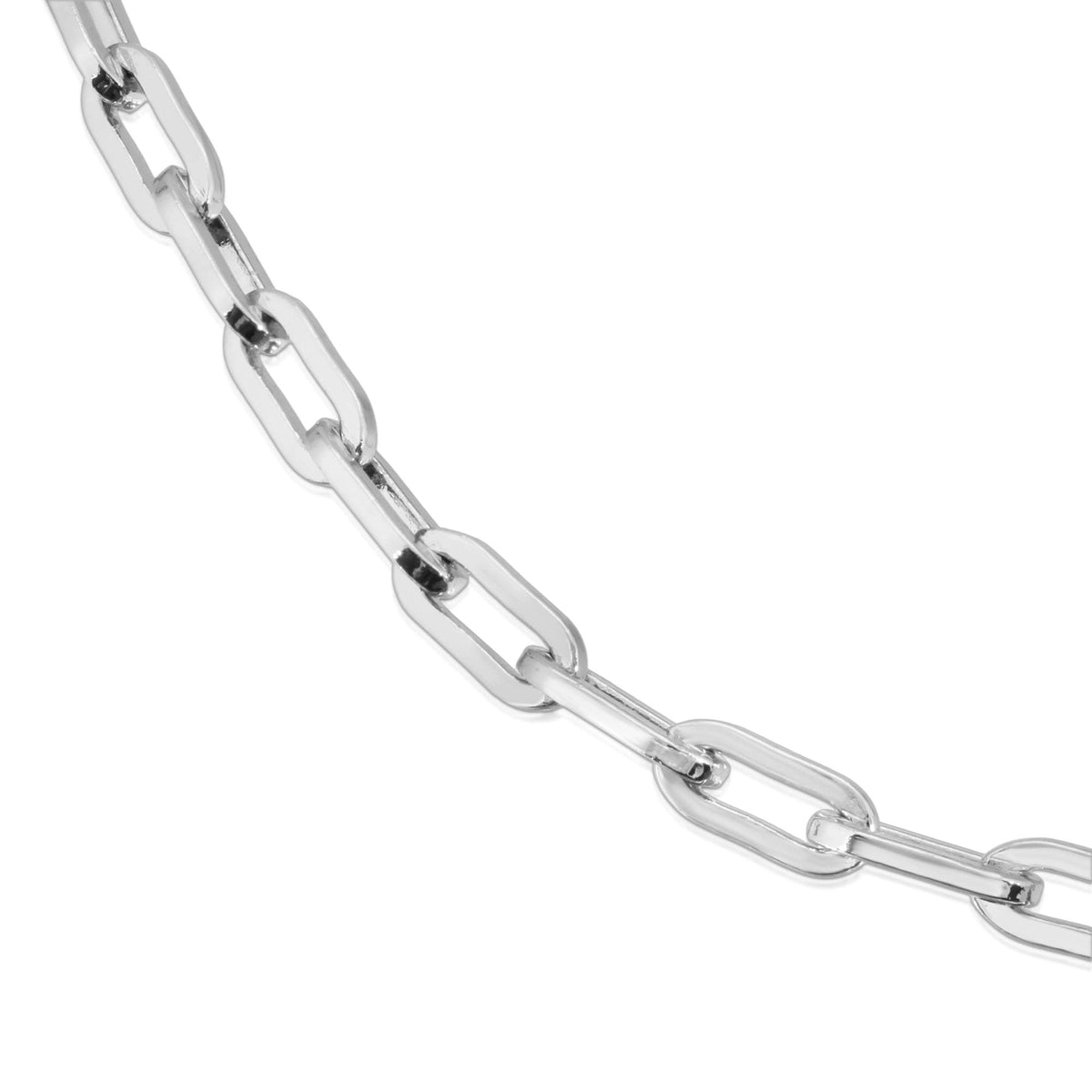 Silver medium link chain bracelet with rectangular links on a white background