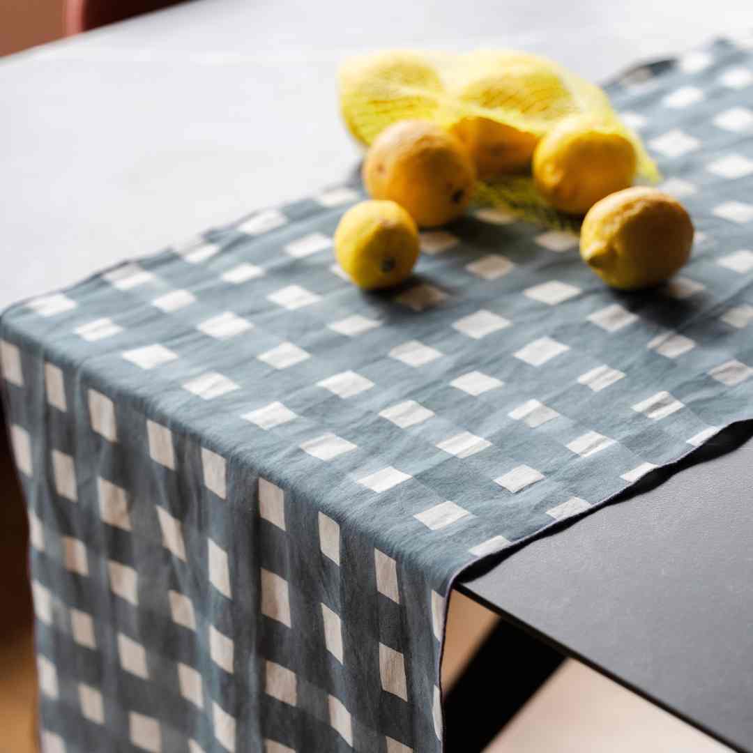 Blue Cross-Hatch linen table runner 16x90 with painterly brushstroke cross-hatch pattern in blue - Goldie Home