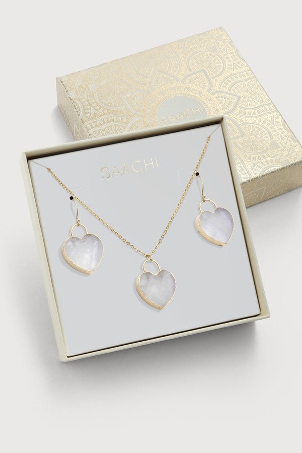 Natural Stone Heart Earrings And Necklace Set - White