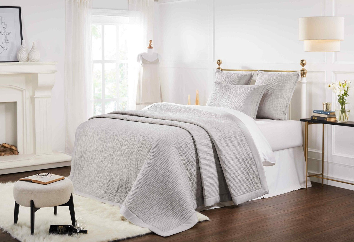 CL-197-11096_1|Cozy light grey quilted coverlet with a stylish waffle texture, dressing a modern bed in a warm, inviting bedroom.