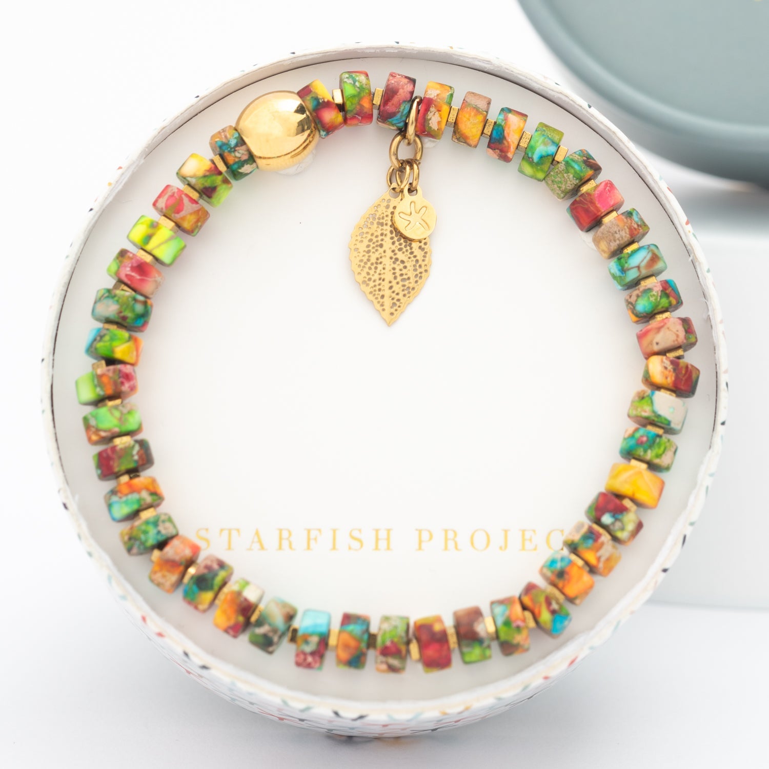 Sedona bracelet in round Starfish Project gift box, attached copper leaf and starfish symbol, women's bracelets