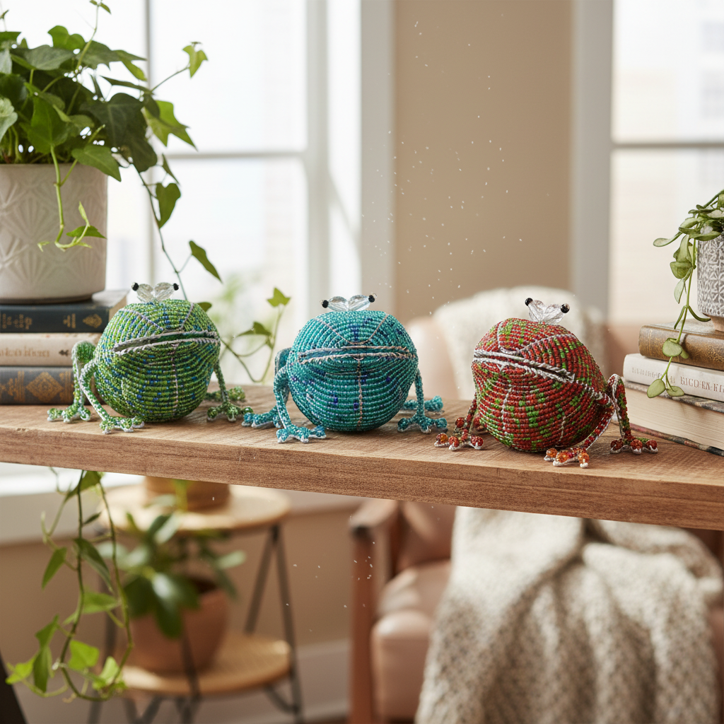 Handcrafted beaded frog figurines set of 3 displayed on a wooden shelf in a cozy living room – 11FRGSS1