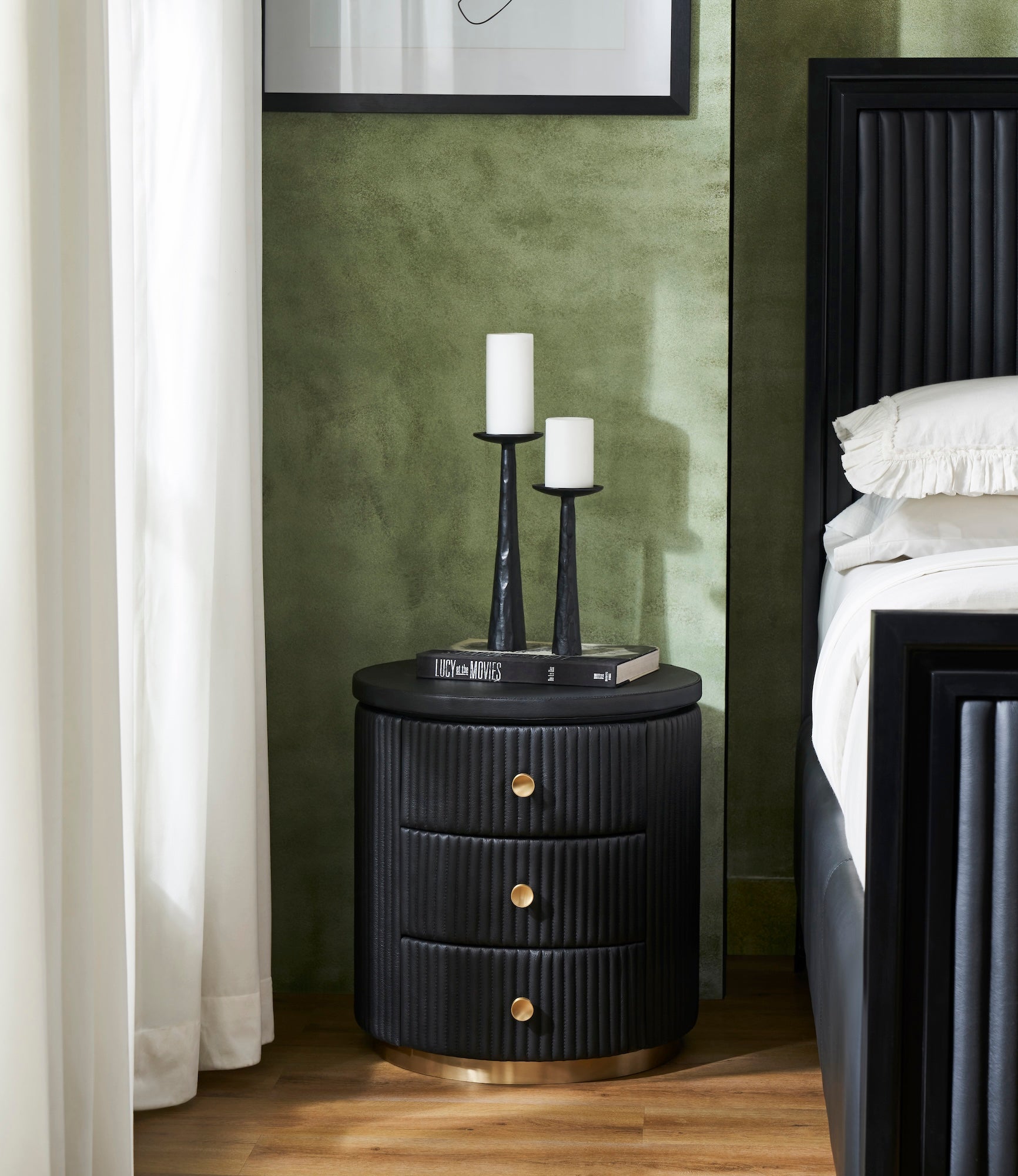 FN-5213-202022_6|Black fluted leather nightstand beside black headboard, completing luxurious leather furniture bedroom set.