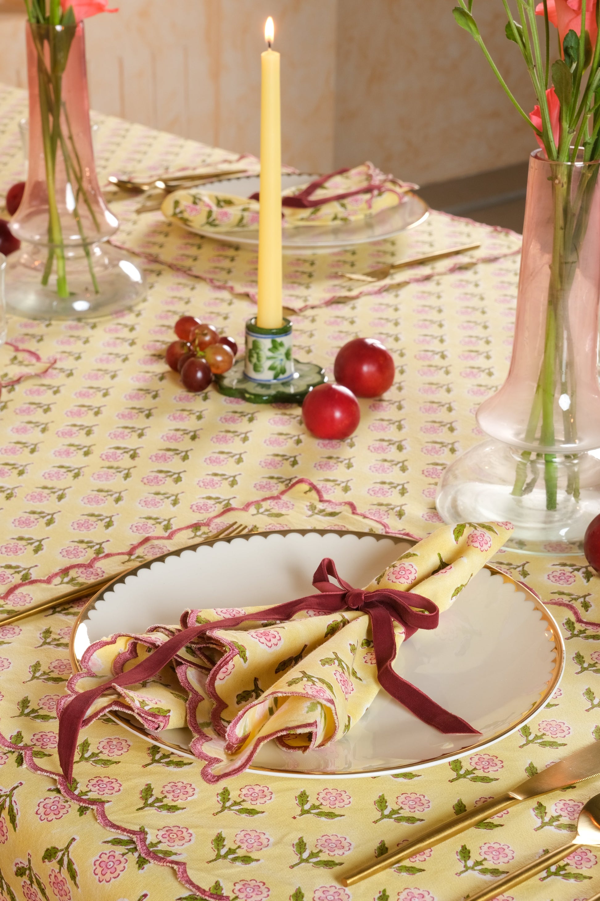 Mona scallop embroidered blockprint butter yellow tablecloth on dining table