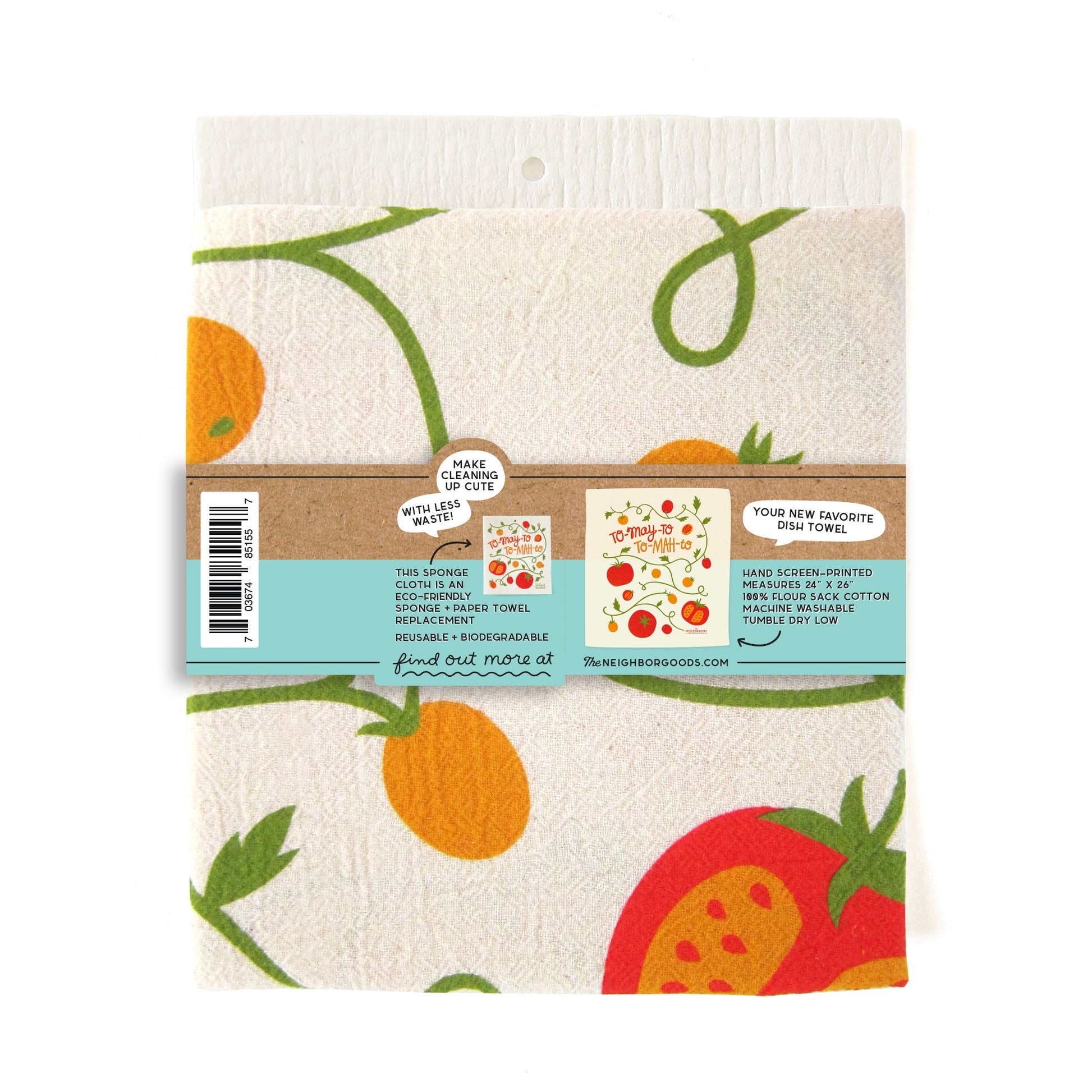 Cotton dish towel with tomato design, featuring the phrase "To-may-to, to-mah-to"