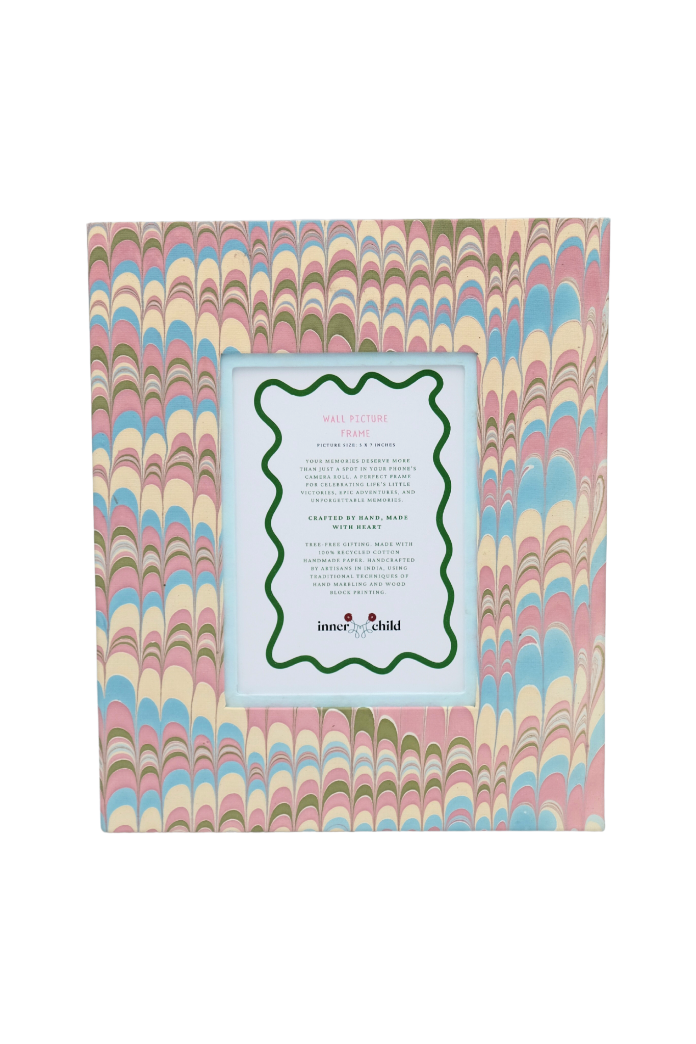 Hand-marbled large wall picture frame with lilac blue patterns, 5x7 inches