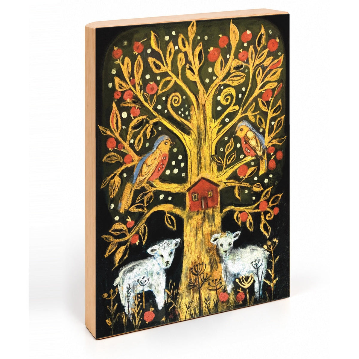 Vermont Tree of Life apple tree and lambs art print, angled view showing natural wood side