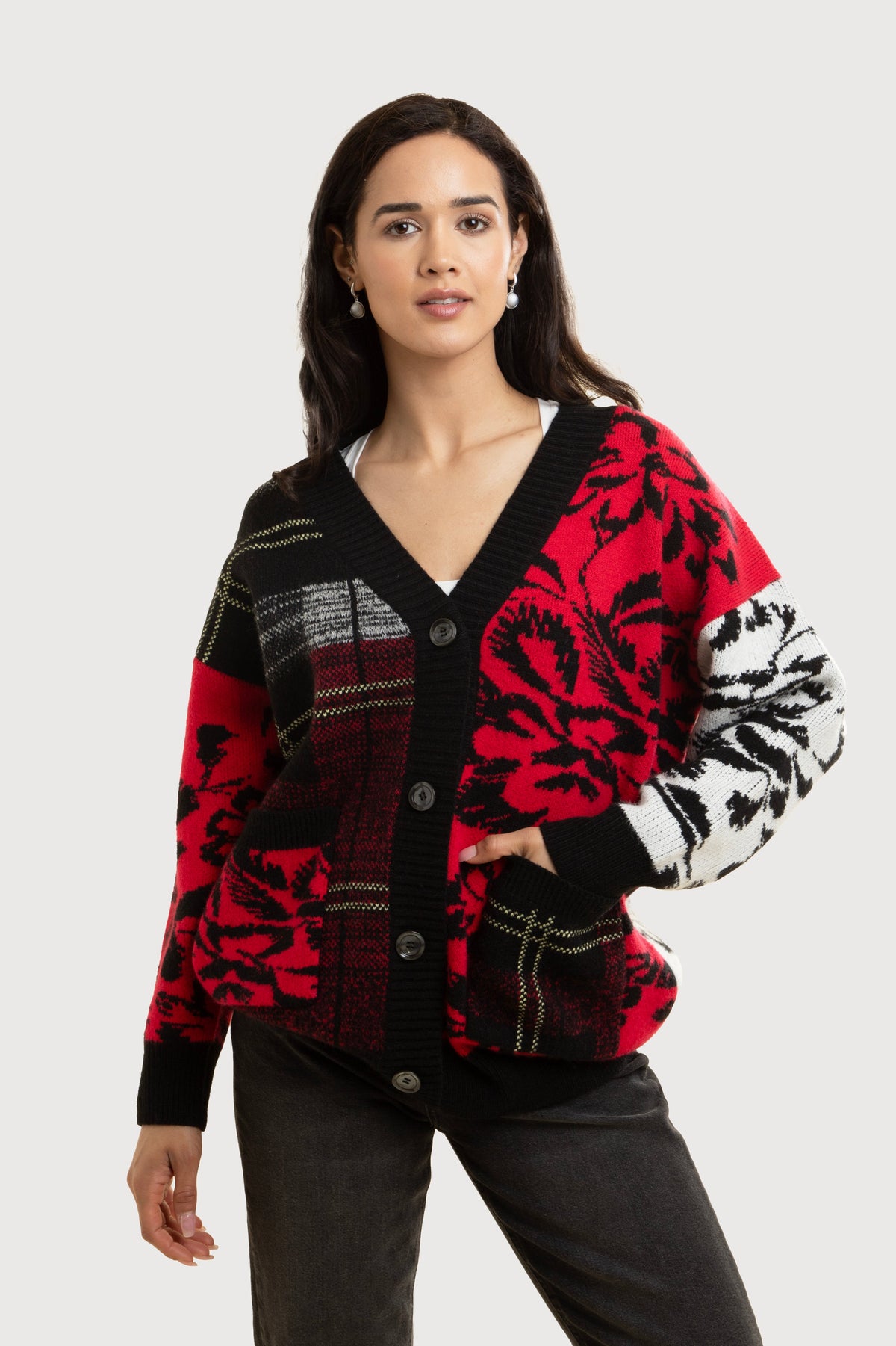 Floral Plaid Cardigan - Red