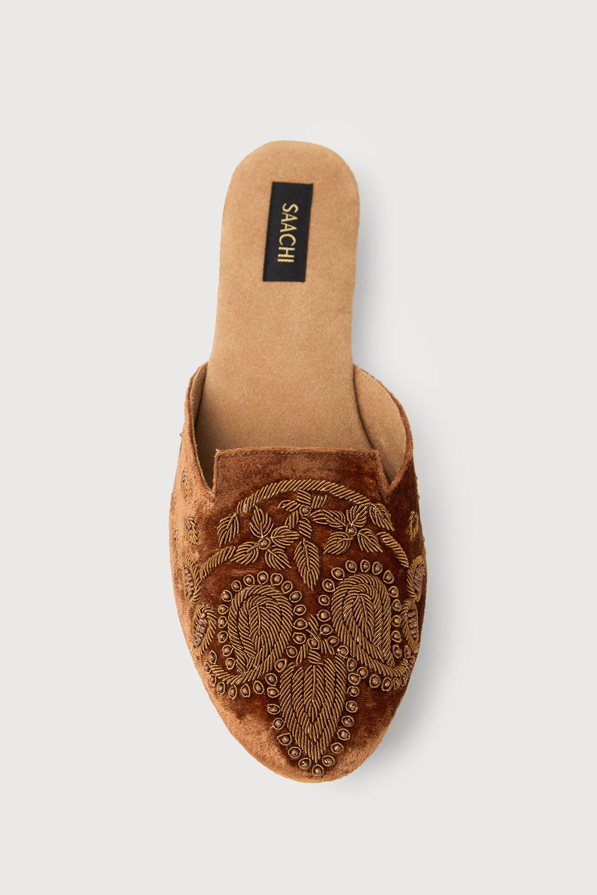 Bronze Embroidered Velvet Mules - Brown